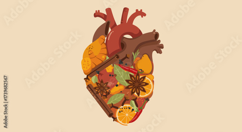 Stylized anatomical heart filled with autumn spices including cinnamon star anise oranges and bay leaves