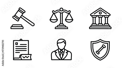Vector art of law and justice icons collection of legal, court, and lawyer symbols in outline style vector illustration