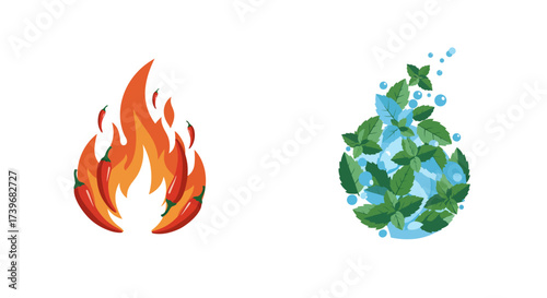 Two contrasting elements fire with chilis and water with mint are depicted on a white background