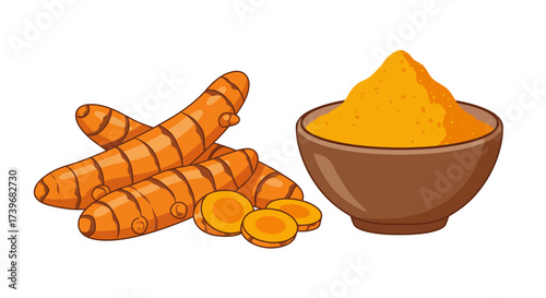 Turmeric roots and powder are depicted with the roots whole and sliced next to a bowl of ground turmeric