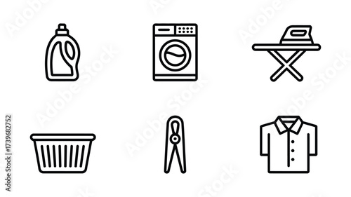 Vector art of laundry icons set includes detergent, washing machine, ironing board, basket, clothespin, and shirt perfect for laundry service or cleaning company