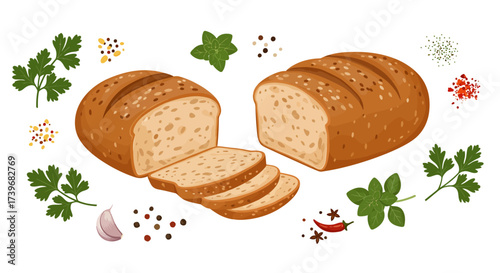 Two loaves of seeded bread one sliced surrounded by herbs garlic peppercorns and other spices
