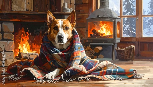 Snug Dog in Plaid Blanket by Dual Fires, Cozy Cabin Winter Retreat.
