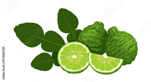 Two green kaffir lime fruits lime slice  leaves form a vibrant fresh still life