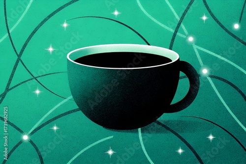 A dark steaming cup of coffee sits on a teal background with glowing lights and abstract lines