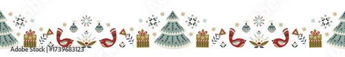 Seamless Christmas border with decorative birds, fir trees and gifts in Nordic folk style Cozy winter festive pattern for holiday card, banner, textile design. Scandinavian traditional vector ornament