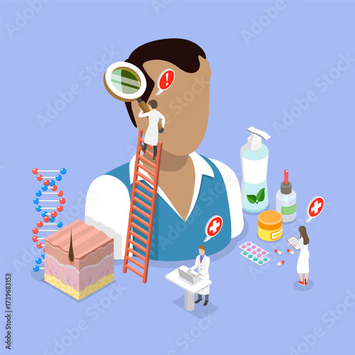 3D Isometric Flat Vector Illustration of Hair Loss Treatment, Male Character With Alopecia