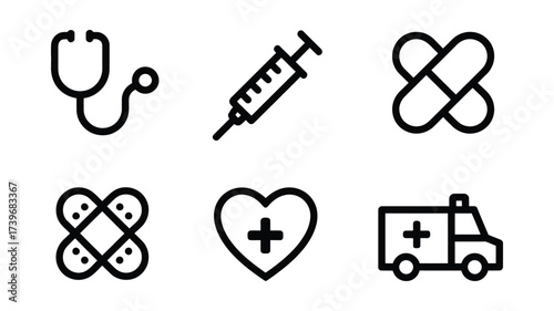 Vector art of medical icon set with stethoscope, syringe, bandage, heart with plus sign and ambulance