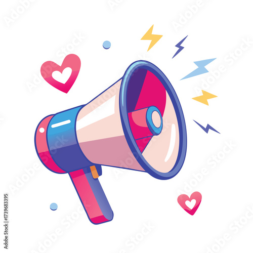 "Isometric megaphone with sound waves and heart reaction, promotion announcement icon, white background"