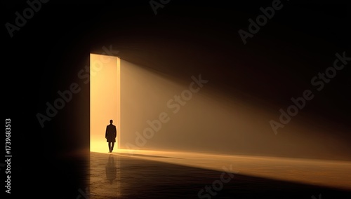Silhouette of a person walking towards bright light from an open doorway in a dark space