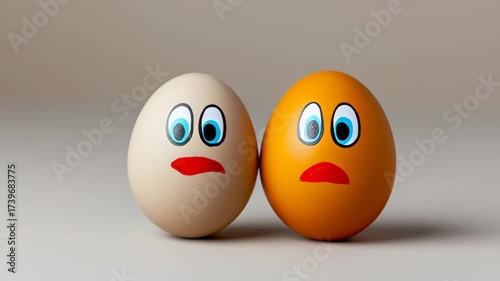 Two expressive eggs with cartoonish faces, one beige and one orange, display a gradual change in emotion, showcasing a playful interaction that captures the essence of surprise and curiosity in a whim
