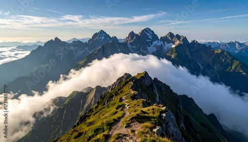 Soaring Above a Golden Alpine Ridge Towards Majestic Peaks and a Sea of Clouds.