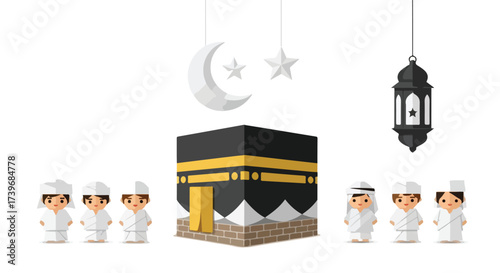 Adorable Muslim Kids in Ihram Celebrating Hajj and Eid Al Adha with Kaaba Illustration Crescent Moon Star and Lantern Diverse Islamic Holiday Concept