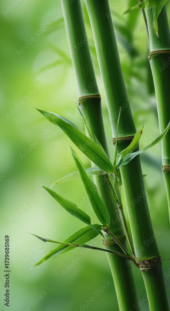 Obraz premium A cluster of vibrant green bamboo sticks showcases their tall, slender shape. The bamboo is set against a soft, blurred green background, hinting at a serene natural environment.