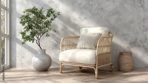 Relaxing, light-filled room with a woven armchair.