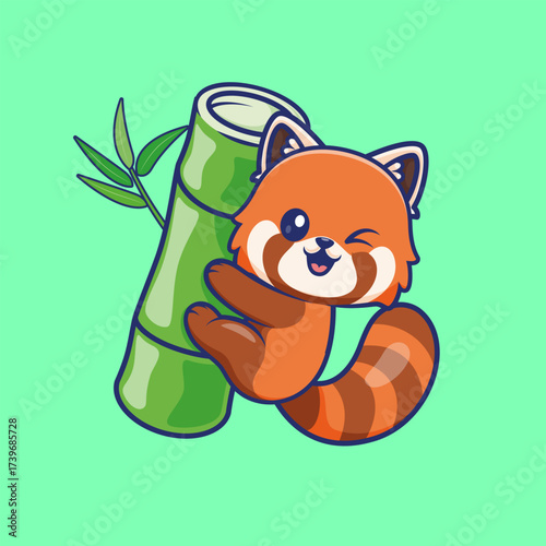 Cute Red Panda Hanging On Bamboo Cartoon