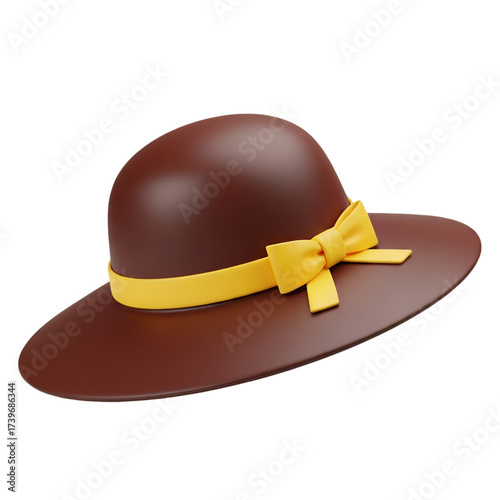 Brown elegant ladys hat with yellow ribbon and bow isolated on transparent background