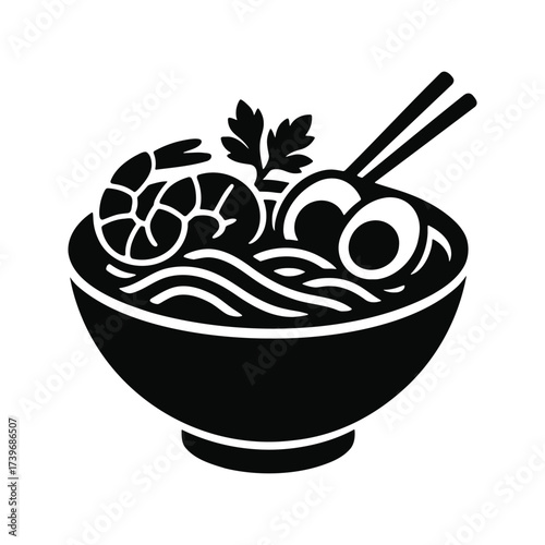 Vector silhouette of a bowl of ramen with shrimp and chopsticks.