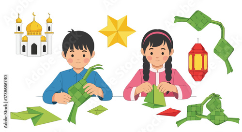 Children Crafting Ketupat Decorations for Ramadan and Eid Celebration Islamic Culture and Tradition Illustration