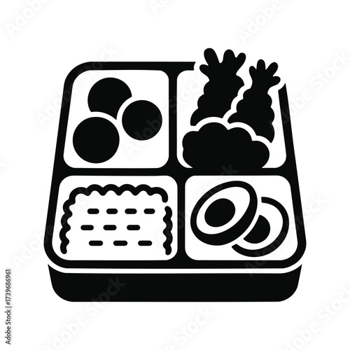 Compartment food container with rice, vegetables, and noodles.