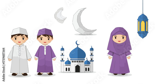 Cute Muslim Children Mosque Crescent Moon and Lantern Icons for Islamic Celebrations and Education