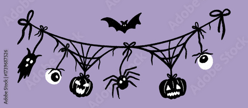 Cute Halloween pennant cobweb garland whimsical sketch illustrations with ghost, pumpkin, eye ball, spider and bat icons for party. Black web add spooky charm for party decoration or background vector
