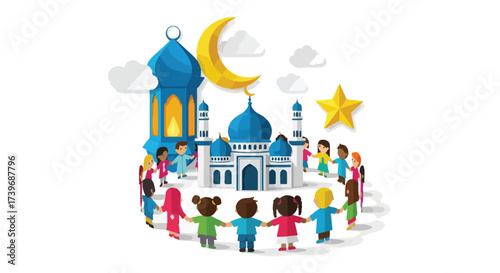 Diverse Children Holding Hands Around a Mosque and Crescent Moon Illustration for Islamic Holidays and Community
