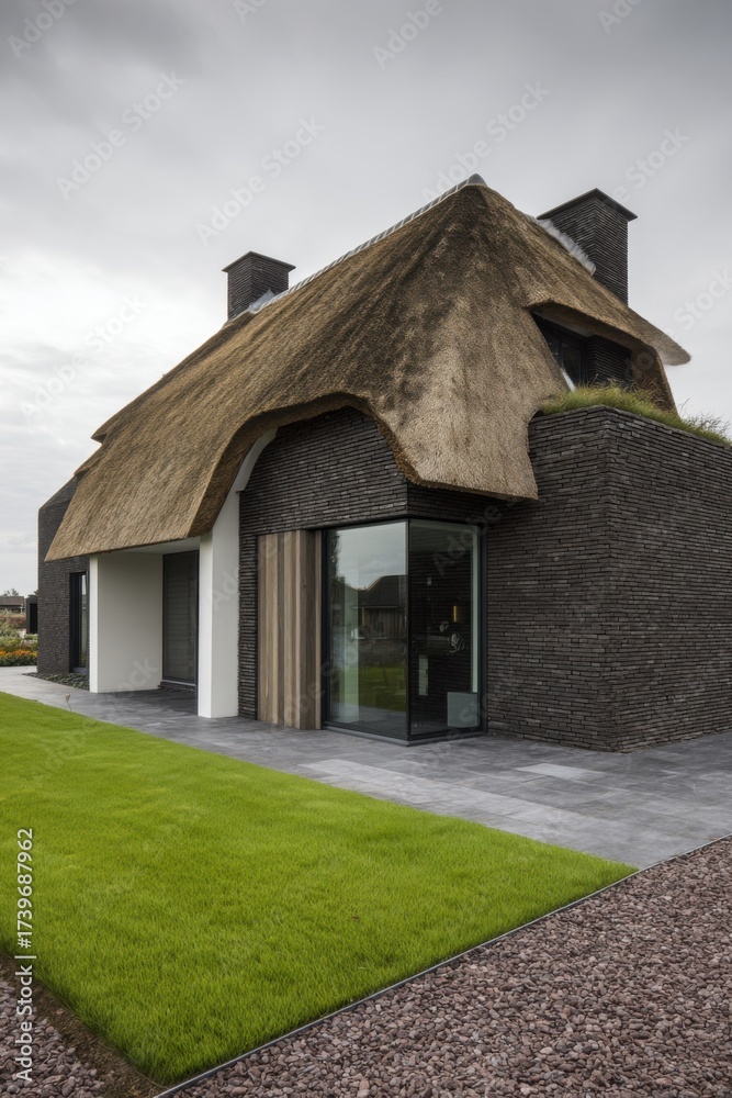 Fototapeta premium Modern house design featuring a thatched roof and stone walls located in a green landscape, showcasing contemporary architecture in a serene environment