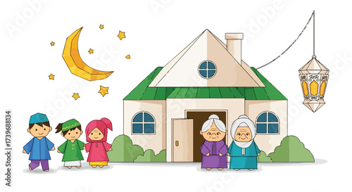 Happy Muslim Family Celebrating Ramadan Evening with Crescent Moon Stars and Lantern Outside Cozy Home