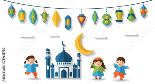 Ramadan Kareem Celebration Happy Children Play Near Mosque Under Festive Lanterns and Crescent Moon
