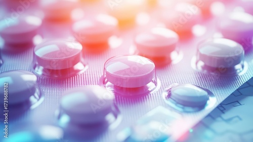 Close up view of a blister pack with pink medication pills
