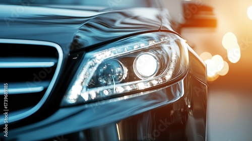 Close up view of a luxury cars headlight and bright lights