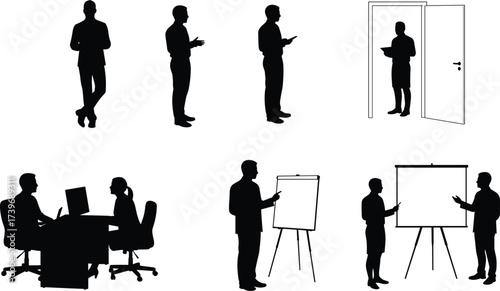 Business silhouette people, professional teamwork, office meeting, presentation training, corporate discussion, leadership coaching, workplace collaboration, teaching instruction, seminar workshop