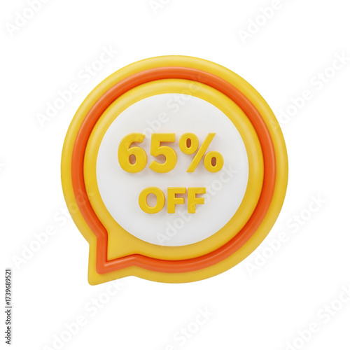 3d yellow and orange speech bubble with 65 off text, isolated on transparent background