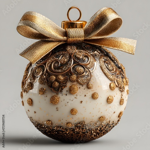 3D render isolated christmas ornament ball with golden ribbon