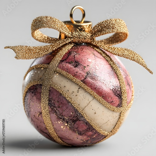 3D render isolated christmas ornament ball with golden ribbon
