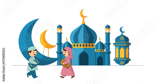 Islamic Children Celebrating Ramadan with Mosque Crescent Moon and Lanterns Illustration