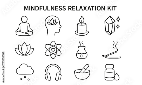 Mindfulness relaxation kit icons: meditation, aromatherapy, and wellness symbols