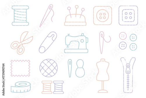 Colorful sewing icons featuring tools, accessories, and patterns for craft enthusiasts