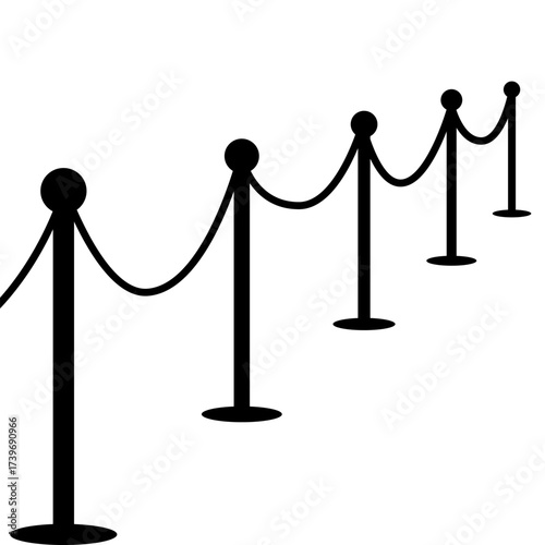 Black rope barrier stanchions in a line. Crowd control barrier post icon. Red carpet event concept.