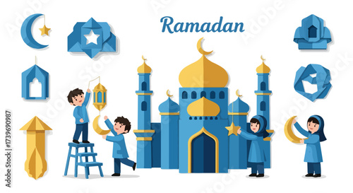 Ramadan Kareem Greeting Card Collection Children Decorating Mosque with Crescent Moon Lanterns Islamic Culture Celebration