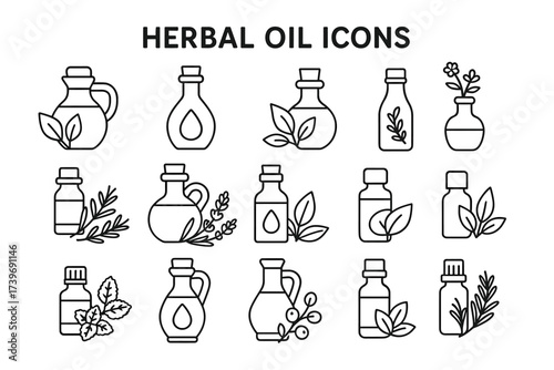 Set of herbal oil bottle icons with leaves and plants