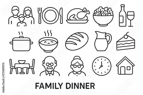 Outline icons of family dinner elements including food and dining items