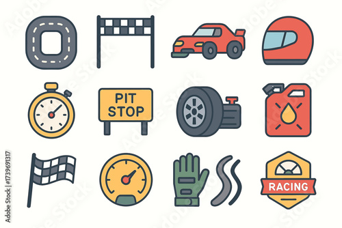 Racing car elements: helmet, stopwatch, fuel, checkered flag, speedometer, and more
