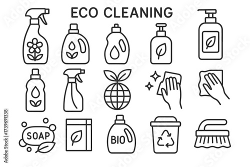 Eco cleaning icons: sustainable products and tools for green home maintenance