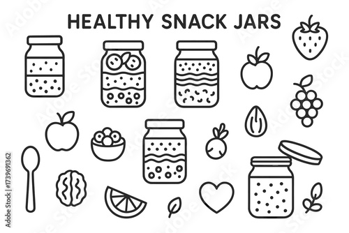 Healthy snack jars with fruits and nuts line art illustration