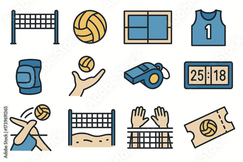 Volleyball icons: sports equipment, scoreboard, court, whistle, beach volleyball, knee pad
