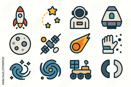 Space exploration icons: rocket, astronaut, spacecraft, moon, satellite, meteor, glove, spiral, rover
