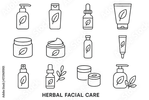 “herbal facial care product icons with leaf motifs”