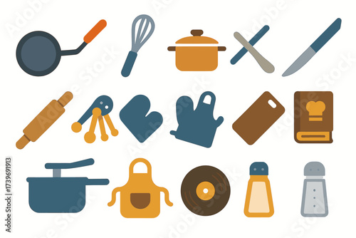 Colorful culinary icons set featuring kitchen tools and utensils